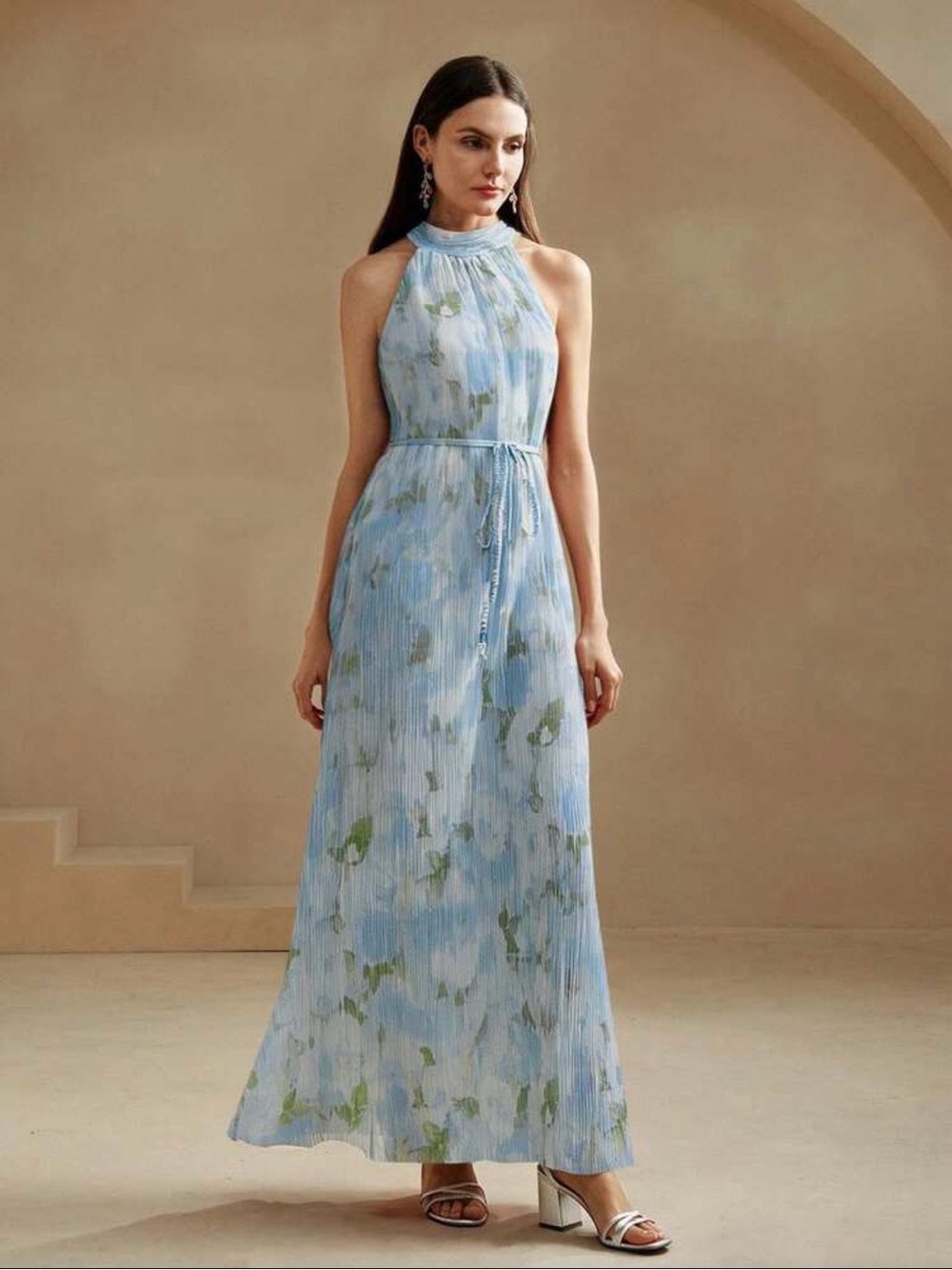 SHEIN Light Blue Floral Halter Neck Maxi Dress